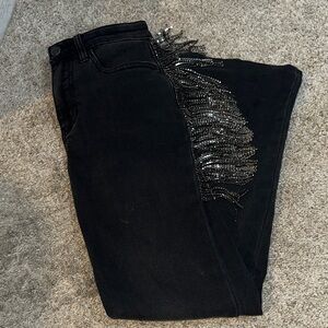 Buckle Black Flare Jeans with Silver Fringe